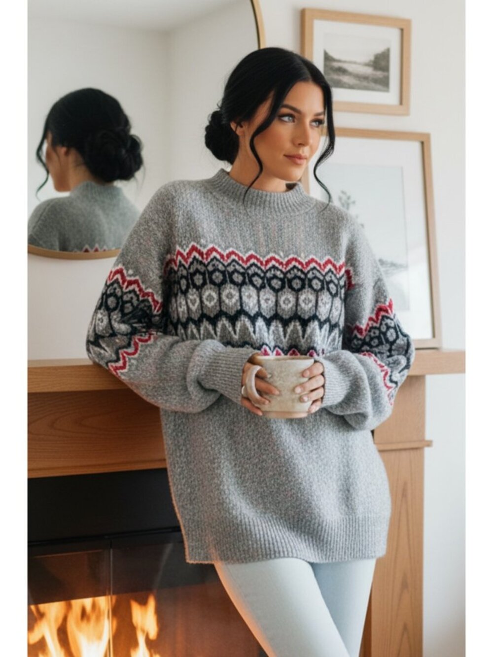 Fair Isle Geometric Mock Neck Long Sleeve Pullover Boxy Nordic Knit Sweater Top